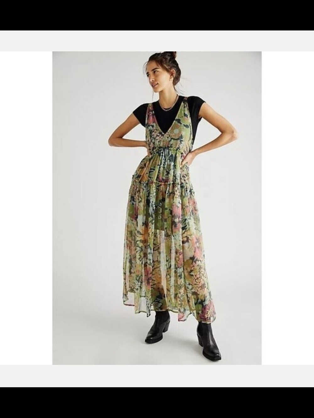 🪷 Free People Maxi Dress Sz M Julianna Green Floral - Picture 4 of 10